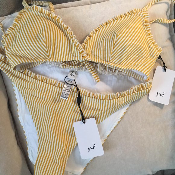 NWT Brand New YSE France Mustard Yellow Pinstripe Ruffle Bikini Set Luxury - Picture 2 of 7
